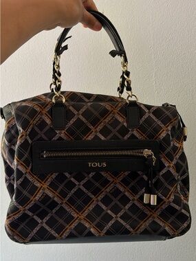 Tous Black Satchel with Brown Plaid and Gold Hardware